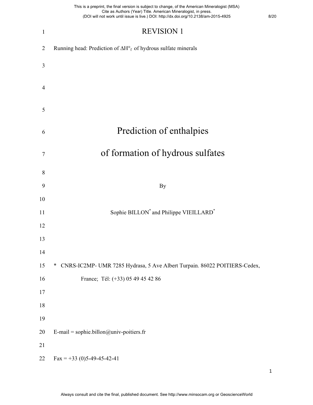 Prediction of Enthalpies of Formation of Hydrous Sulfates
