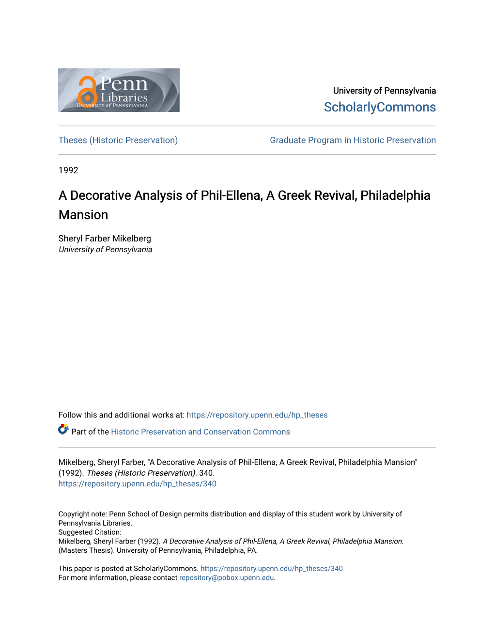 A Decorative Analysis of Phil-Ellena, a Greek Revival, Philadelphia Mansion