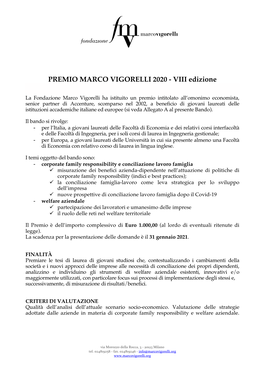 PREMIO MARCO VIGORELLI 2020 - VIII Edizione
