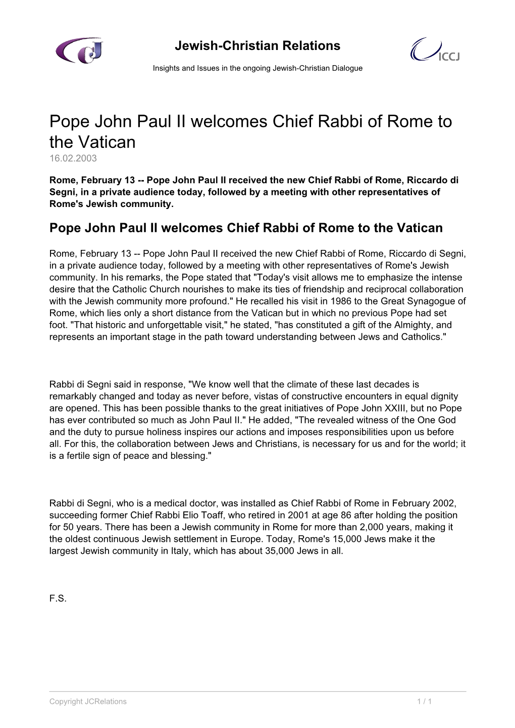Pope John Paul II Welcomes Chief Rabbi of Rome to the Vatican 16.02.2003