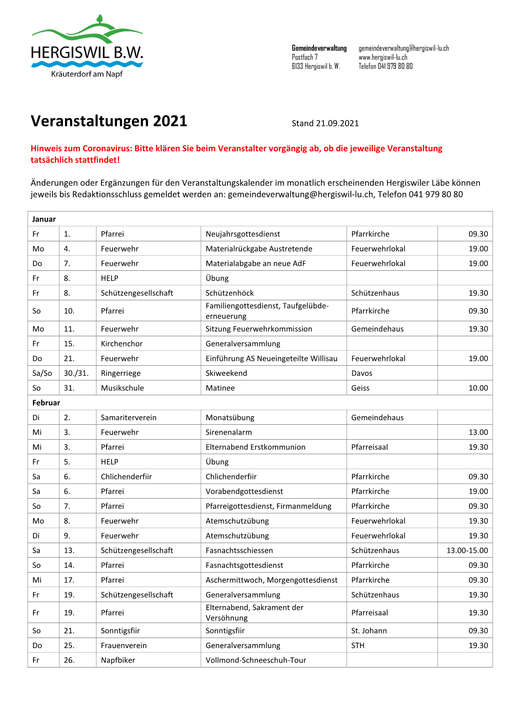 Veranstaltungen 2021 Stand 21.09.2021