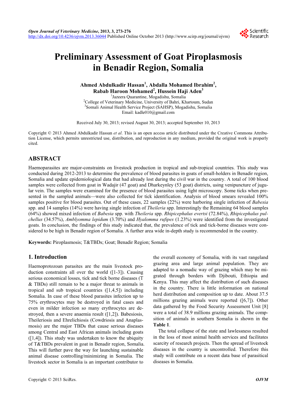 Preliminary Assessment of Goat Piroplasmosis in Benadir Region, Somalia