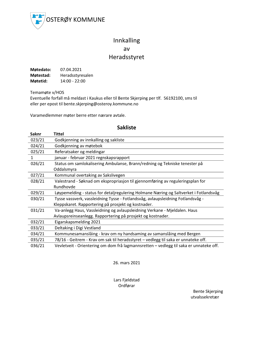 OSTERØY KOMMUNE Innkalling Av Heradsstyret