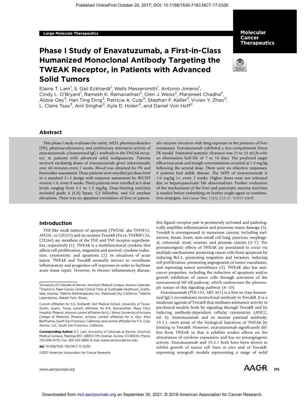 Phase I Study of Enavatuzumab, a First-In-Class Humanized Monoclonal Antibody Targeting the TWEAK Receptor, in Patients with Advanced Solid Tumors Elaine T