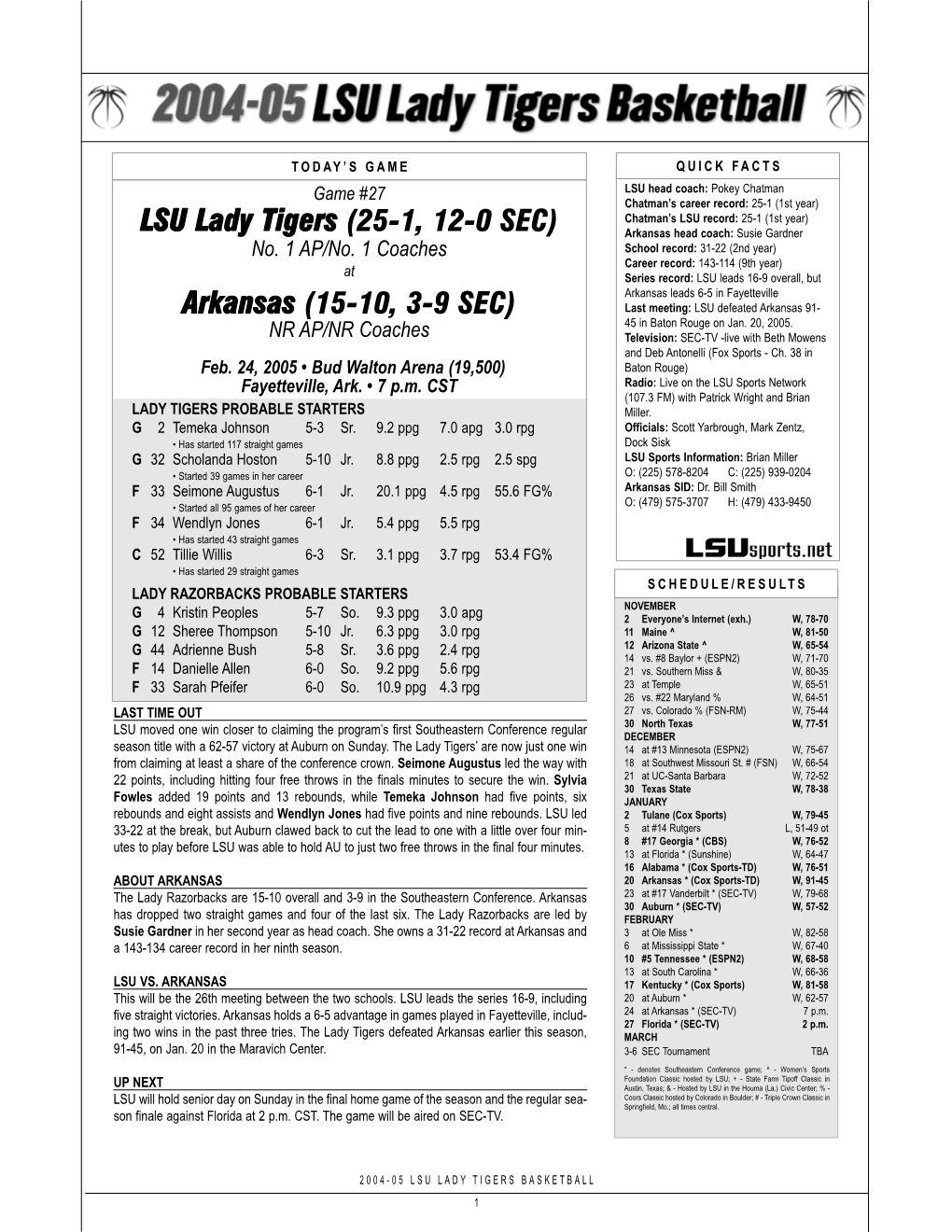 LSU Lady Tigers (25-1, 12-0 SEC) Arkansas Head Coach: Susie Gardner No