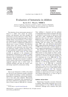Evaluation of Hematuria in Children Kevin E.C