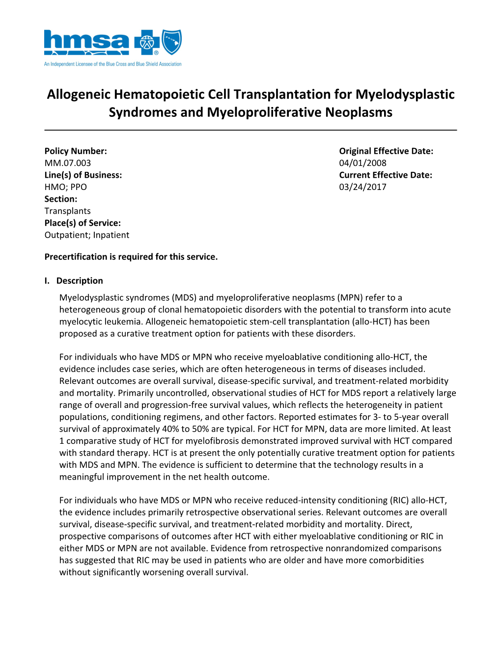 Allogeneic Hematopoietic SCT for Myelodysplastic