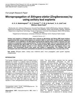 Micropropagation of Etlingera Elatior (Zingiberaceae) by Using Axillary