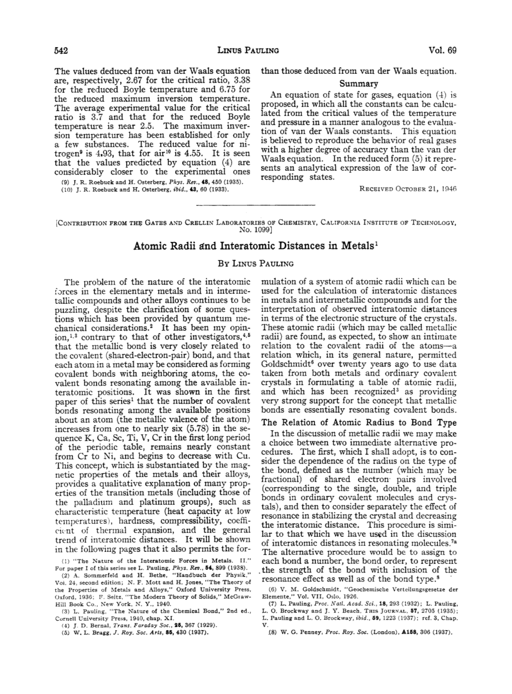 Atomic Radii Dnd Interatomic Distances in Metals'