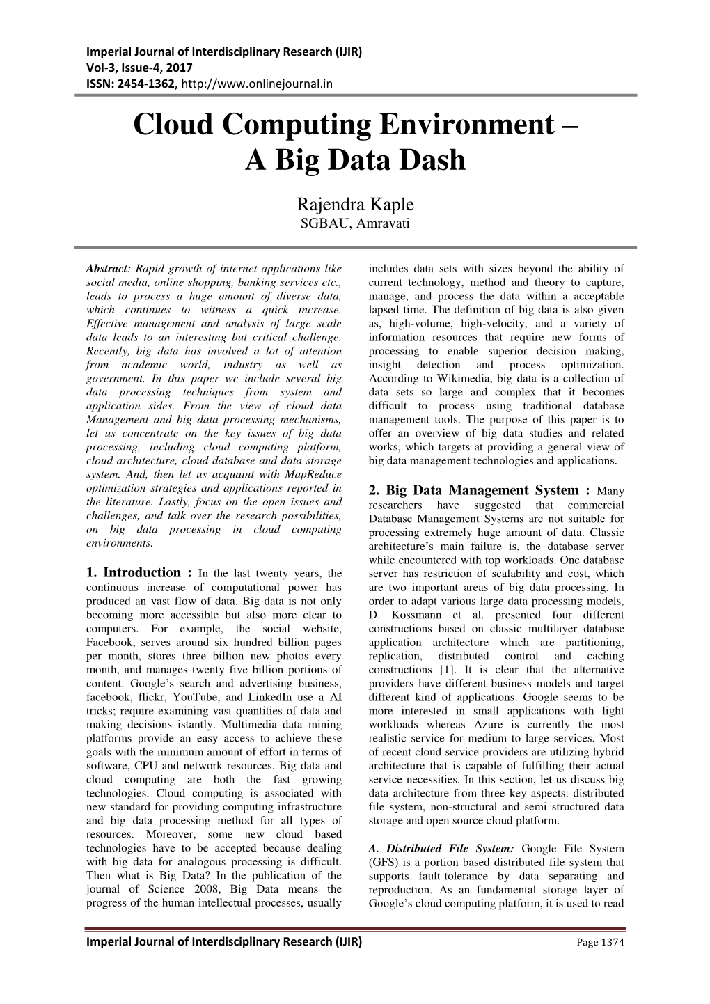 Cloud Computing Environment – a Big Data Dash