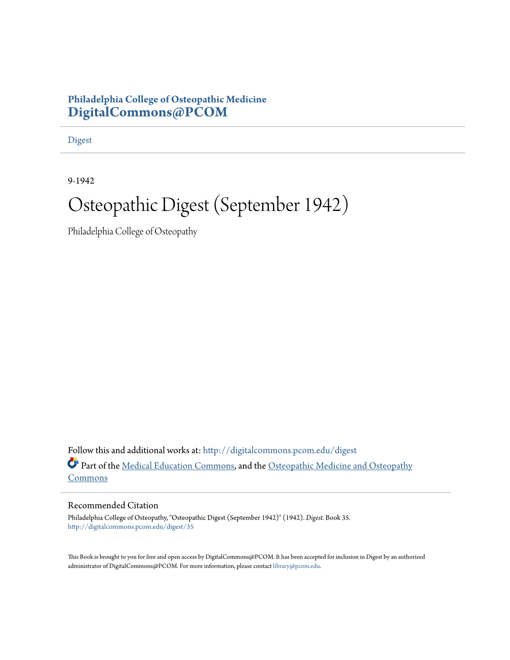 Osteopathic Digest (September 1942) Philadelphia College of Osteopathy