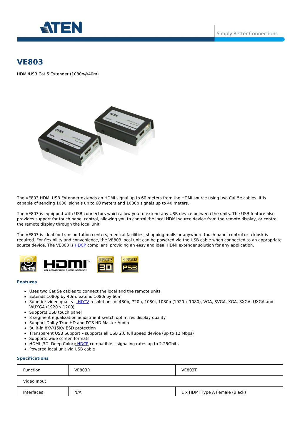 HDMI/USB Cat 5 Extender (1080P@40M)