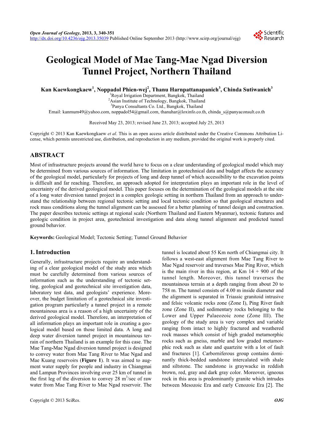 Geological Model of Mae Tang-Mae Ngad Diversion Tunnel Project, Northern Thailand