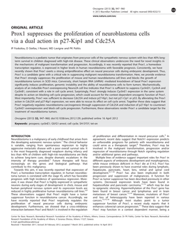 Prox1 Suppresses the Proliferation of Neuroblastoma Cells Via a Dual Action in P27-Kip1 and Cdc25a