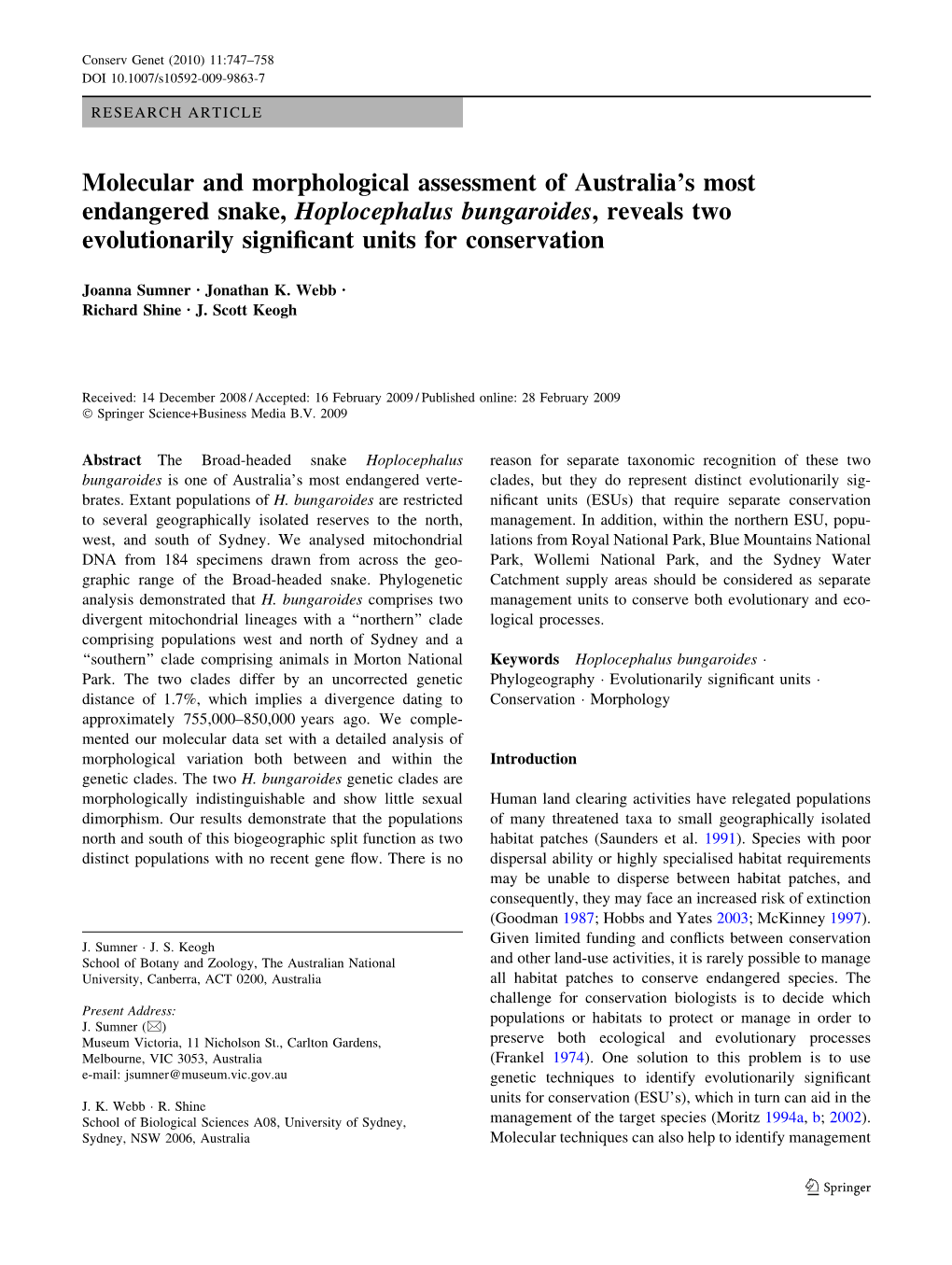 Molecular and Morphological Assessment of Australia's Most