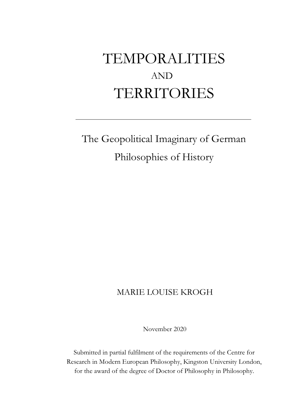 Introduction Temporality and Territory