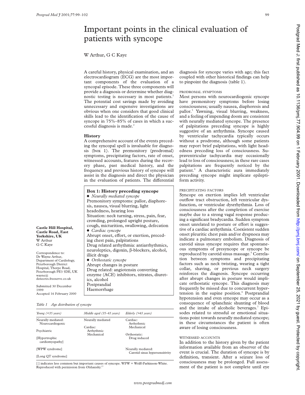 Important Points in the Clinical Evaluation of Patients with Syncope