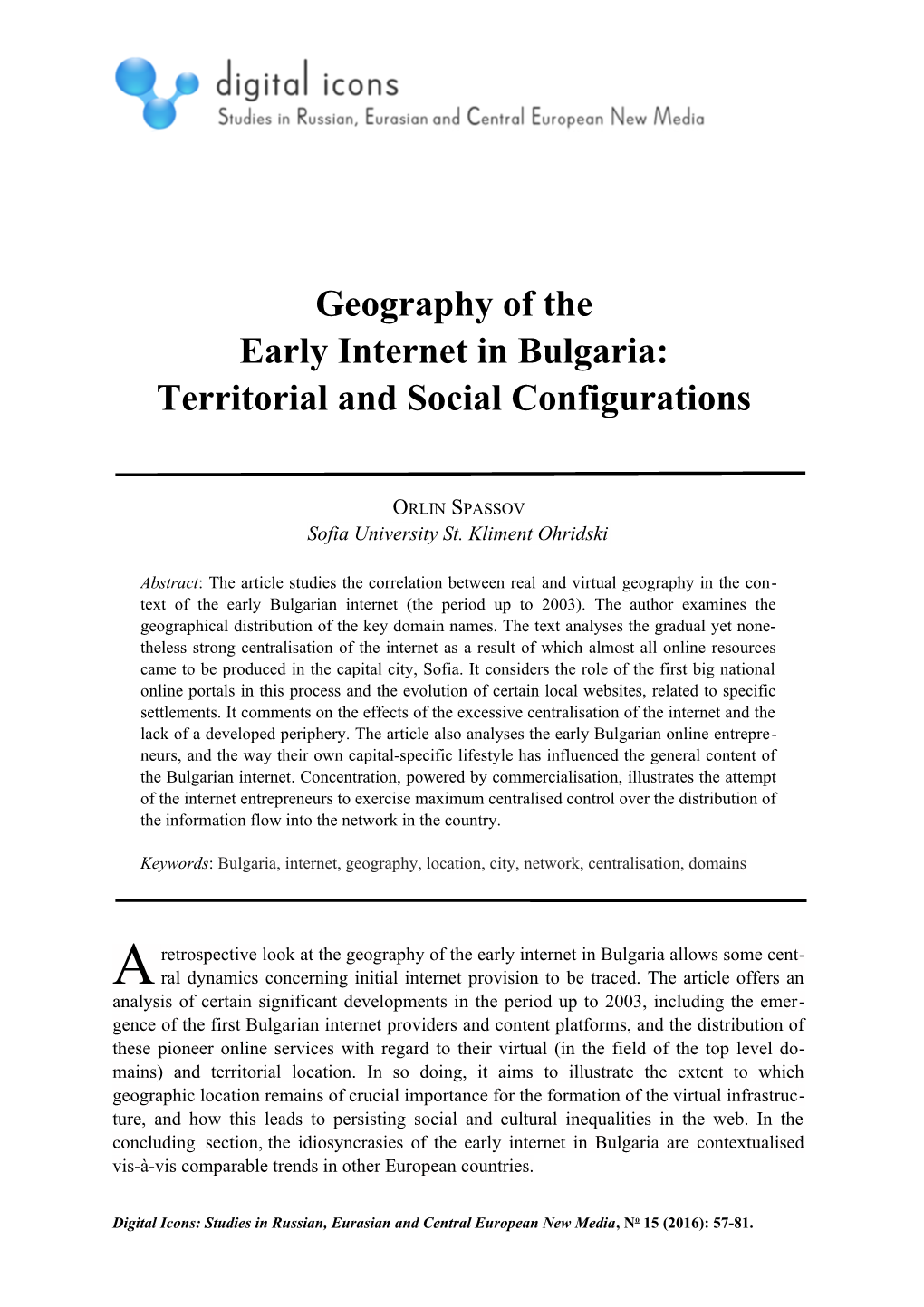 Geography of the Early Internet in Bulgaria: Territorial and Social Configurations
