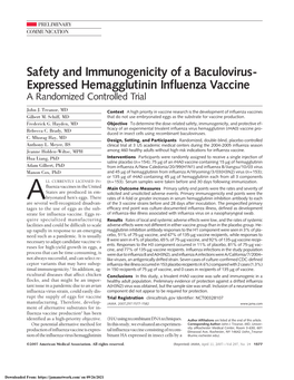 Safety and Immunogenicity of a Baculovirus- Expressed Hemagglutinin Influenza Vaccine a Randomized Controlled Trial