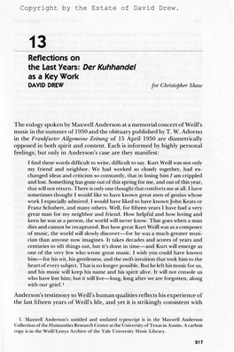 Reflections on the Last Years: Der Kuhhandel As a Key Work DAVID DREW for Christopher Shaw