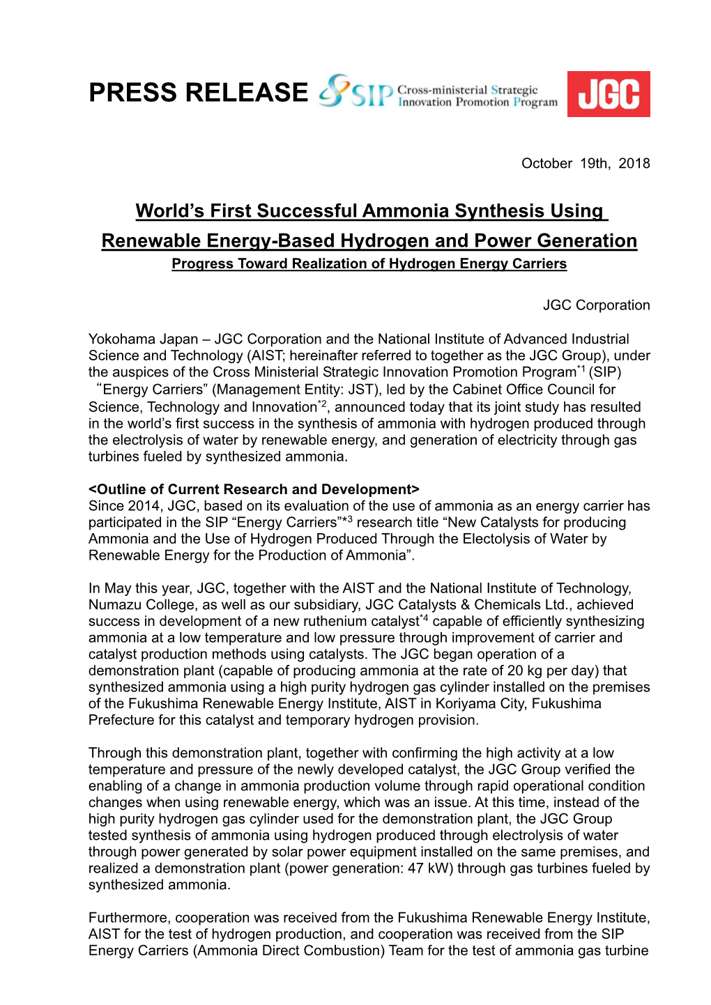 World's First Successful Ammonia Synthesis Using Renewable Energy-Based Hydrogen and Power Generation