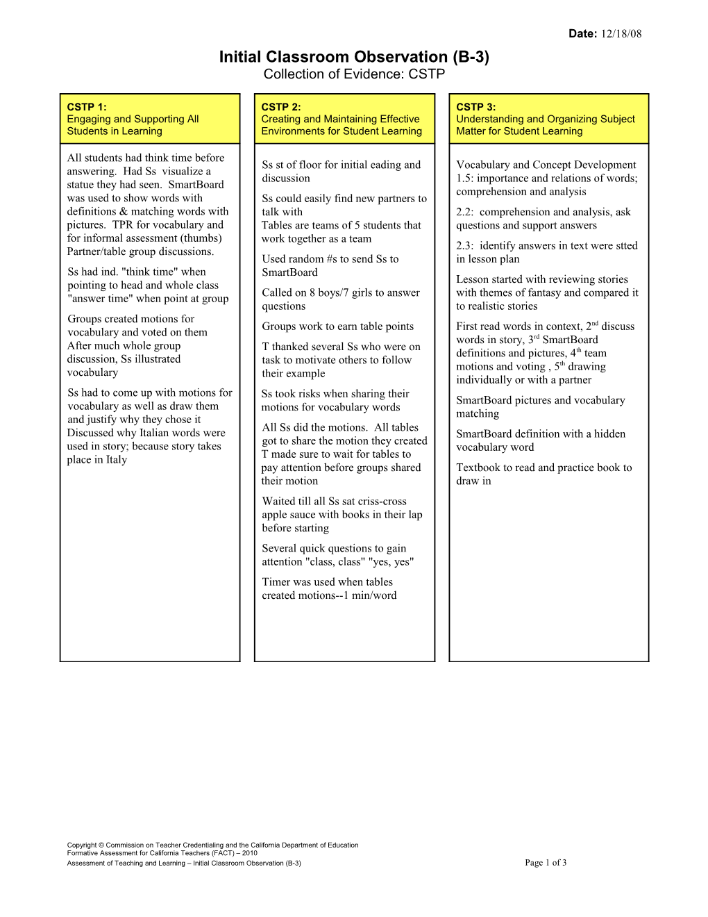 Sarah - 3Rd Grade - Observation Tool