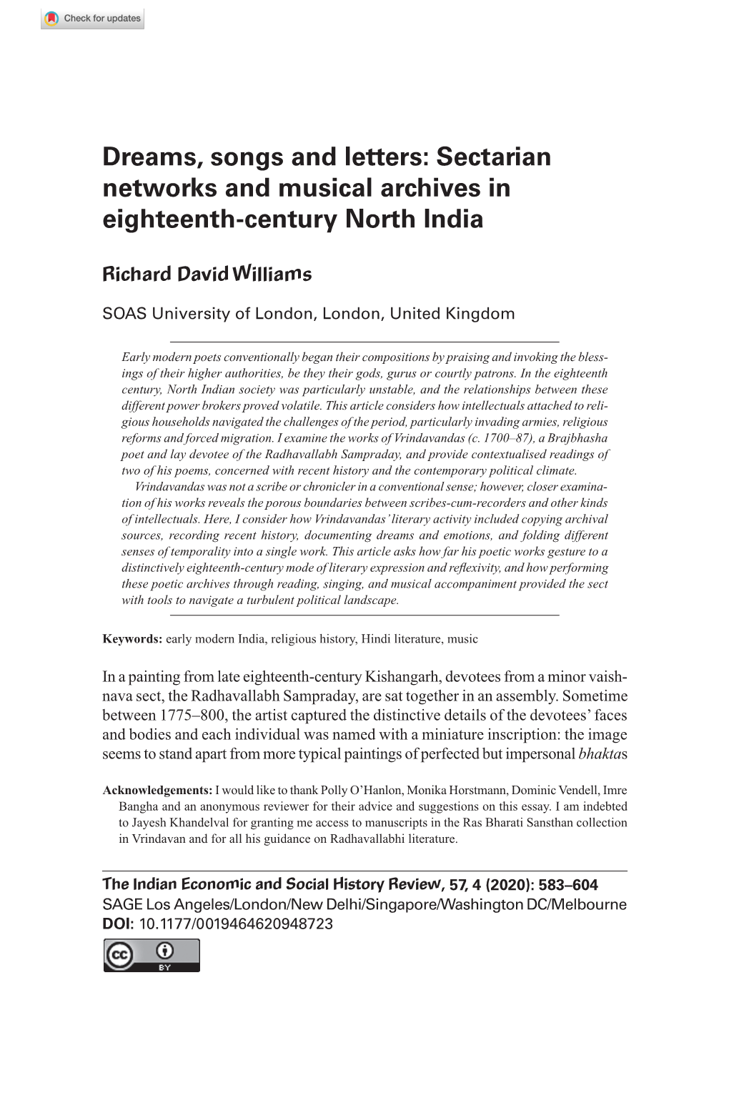 Dreams, Songs and Letters: Sectarian Networks and Musical Archives in Eighteenth-Century North India