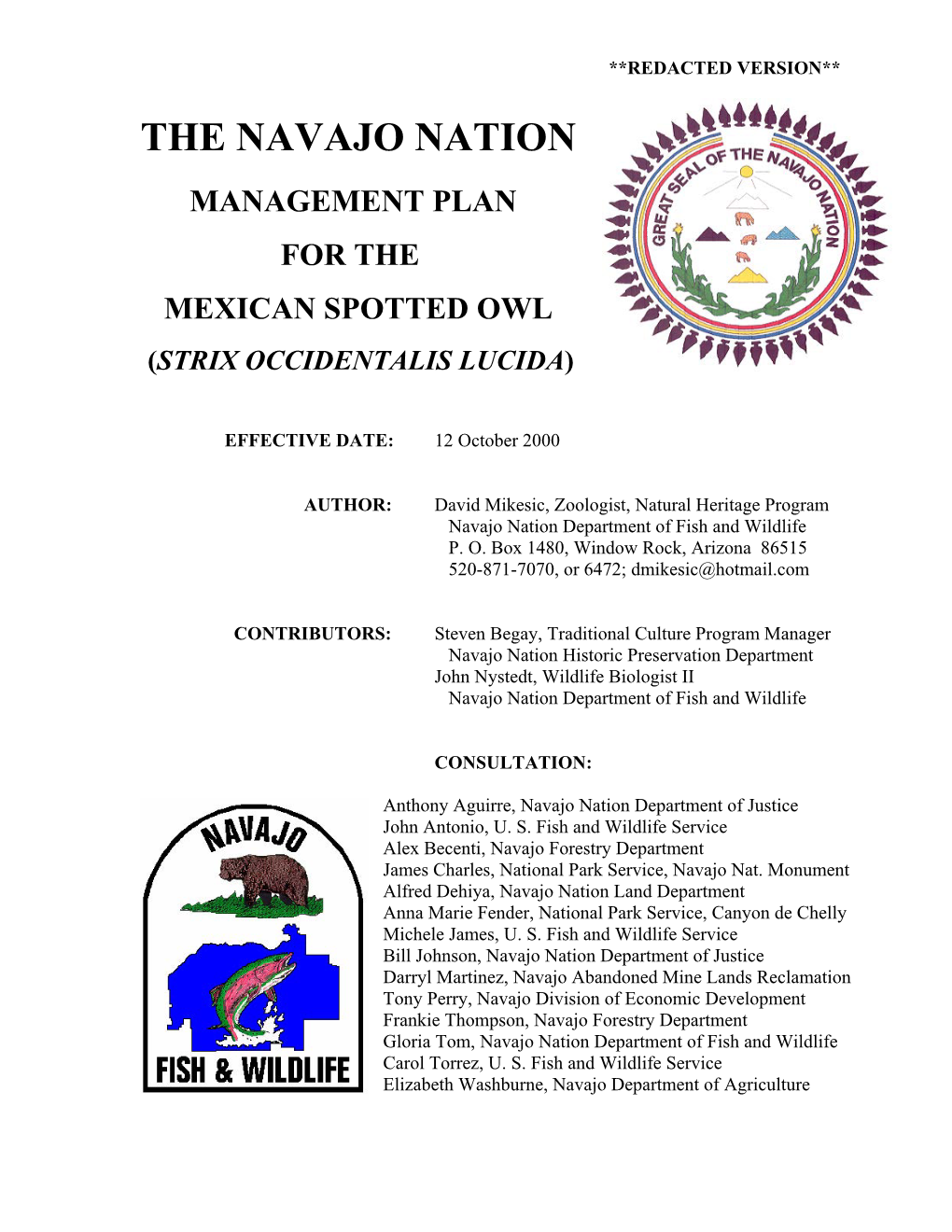 The Navajo Nation Management Plan for the Mexican Spotted