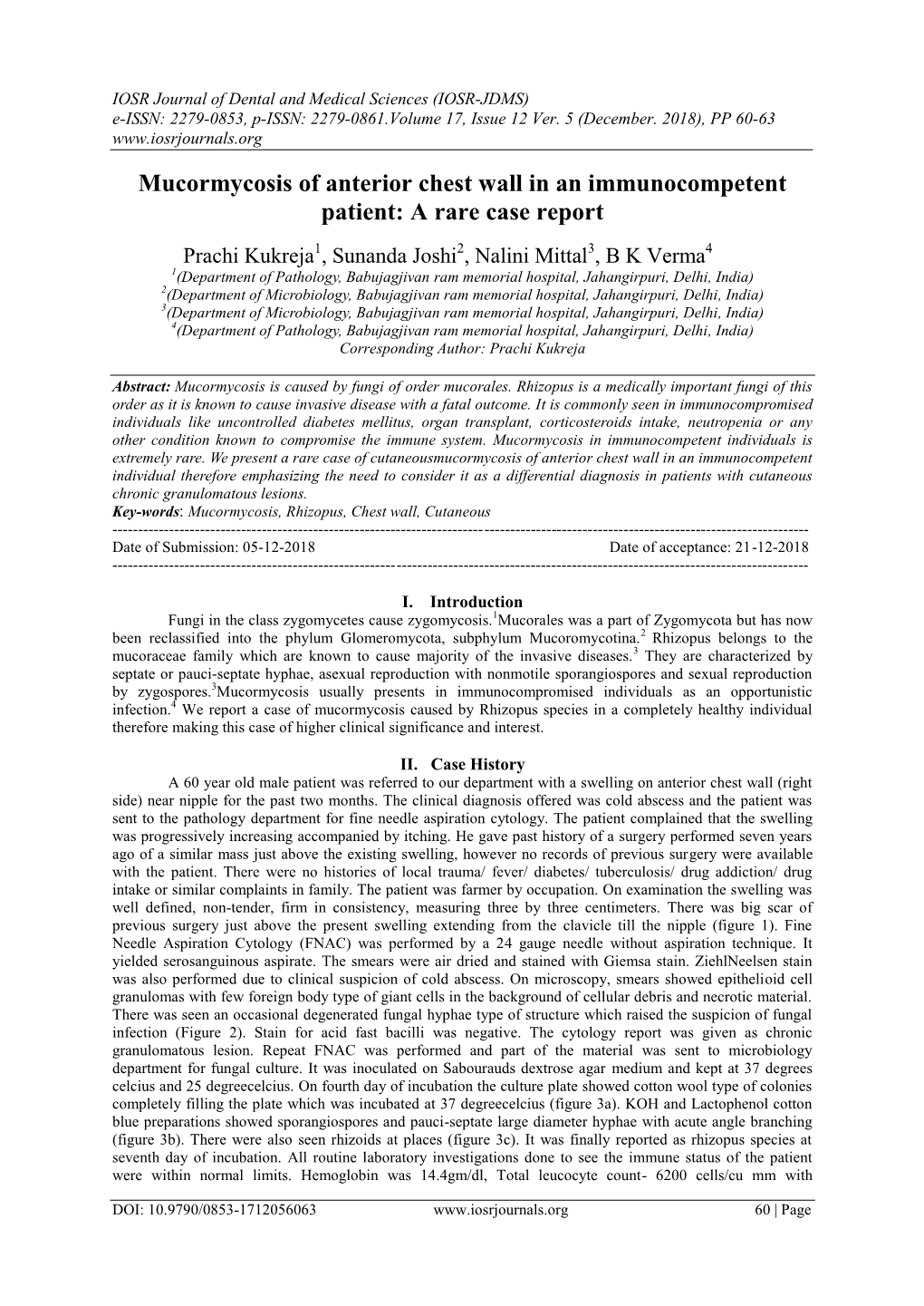 Mucormycosis of Anterior Chest Wall in an Immunocompetent Patient: a Rare Case Report