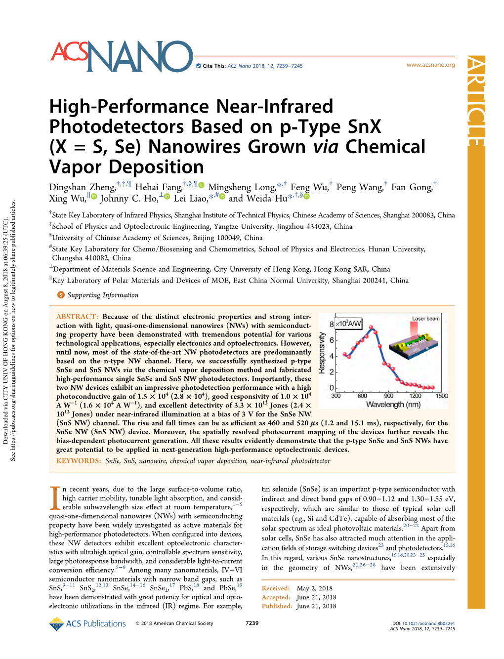 High-Performance Near-Infrared Photodetectors Based on P-Type Snx (X = S, Se) Nanowires Grown Via Chemical Vapor Deposition