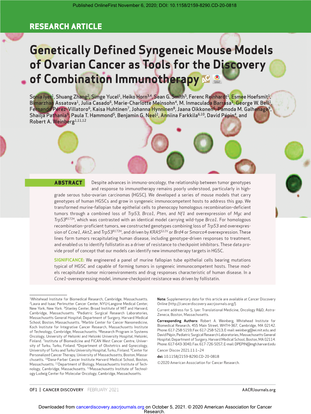 Genetically Defined Syngeneic Mouse Models of Ovarian Cancer As Tools for the Discovery of Combination Immunotherapy