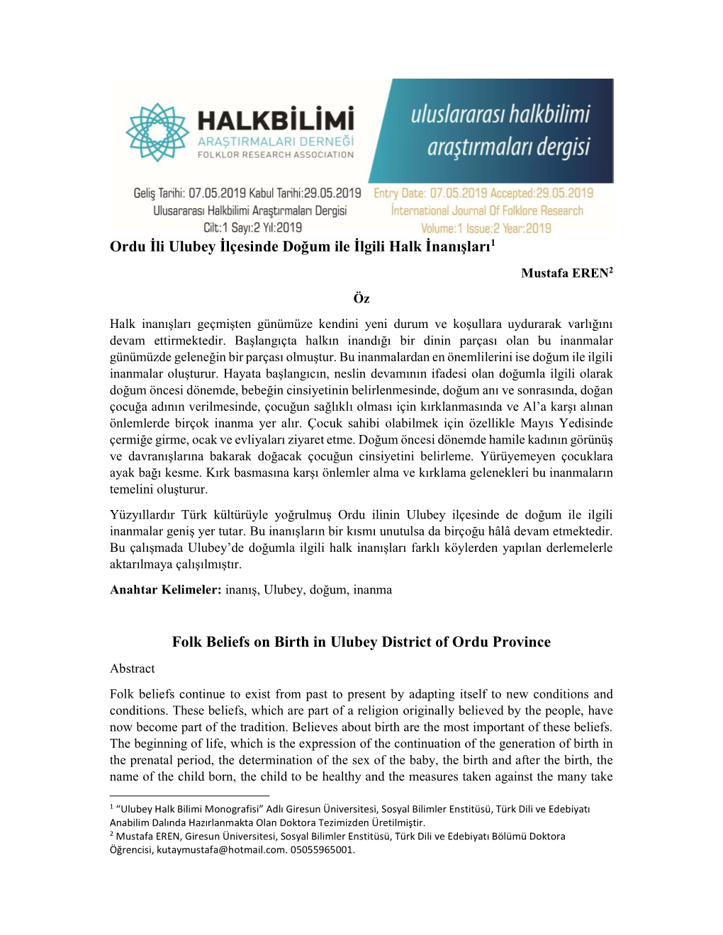 Ordu İli Ulubey İlçesinde Doğum Ile İlgili Halk İnanışları1 Folk Beliefs On