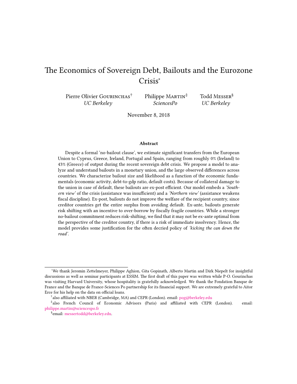 E Economics of Sovereign Debt, Bailouts and the Eurozone Crisis∗