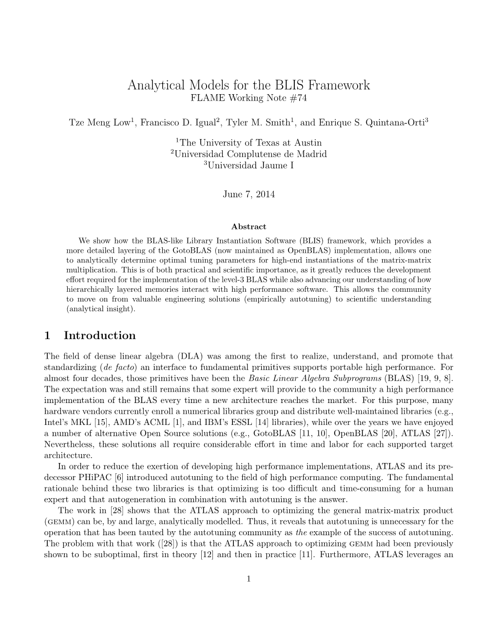 Analytical Models for the BLIS Framework FLAME Working Note #74