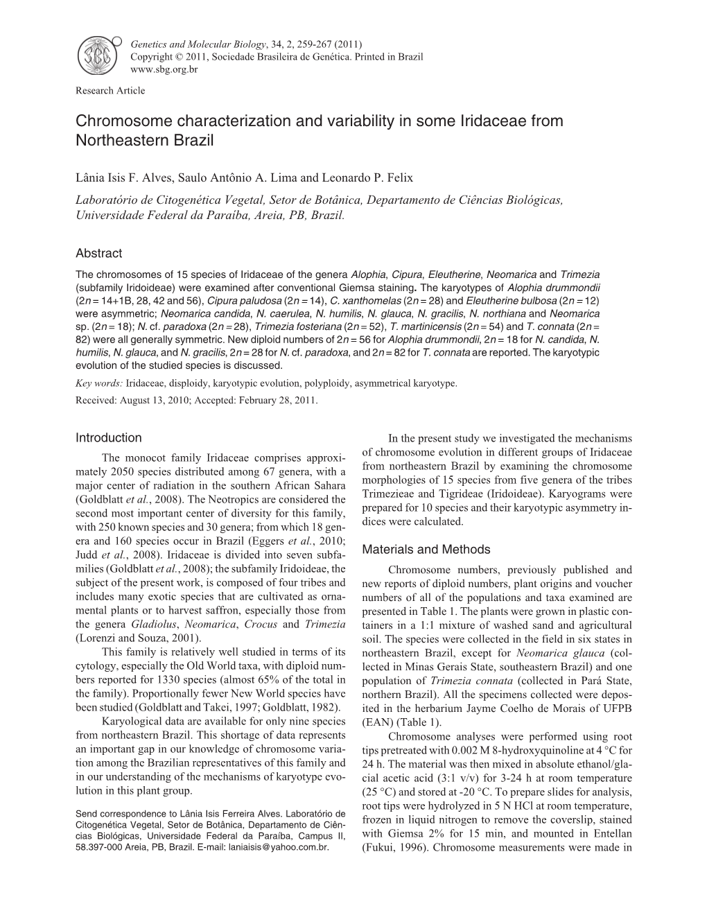 Chromosome Characterization and Variability in Some Iridaceae from Northeastern Brazil