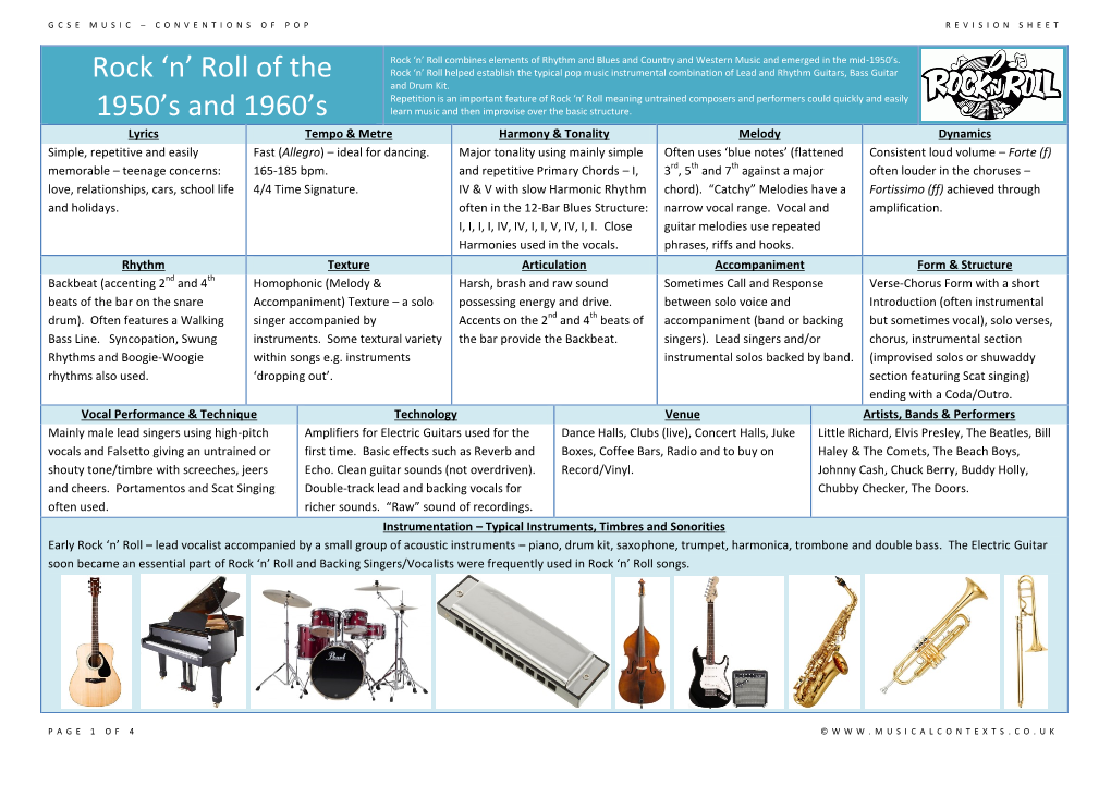 Rock ‘N’ Roll Combines Elements of Rhythm and Blues and Country and Western Music and Emerged in the Mid-1950’S