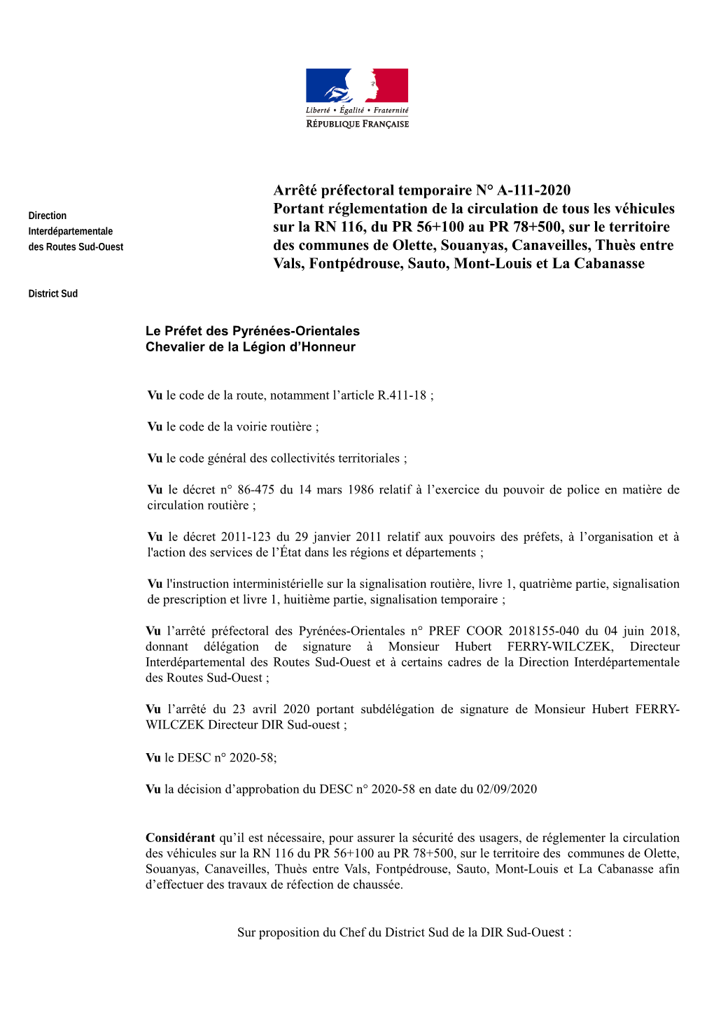 Arrêté Préfectoral Temporaire N° A-111-2020 Portant Réglementation