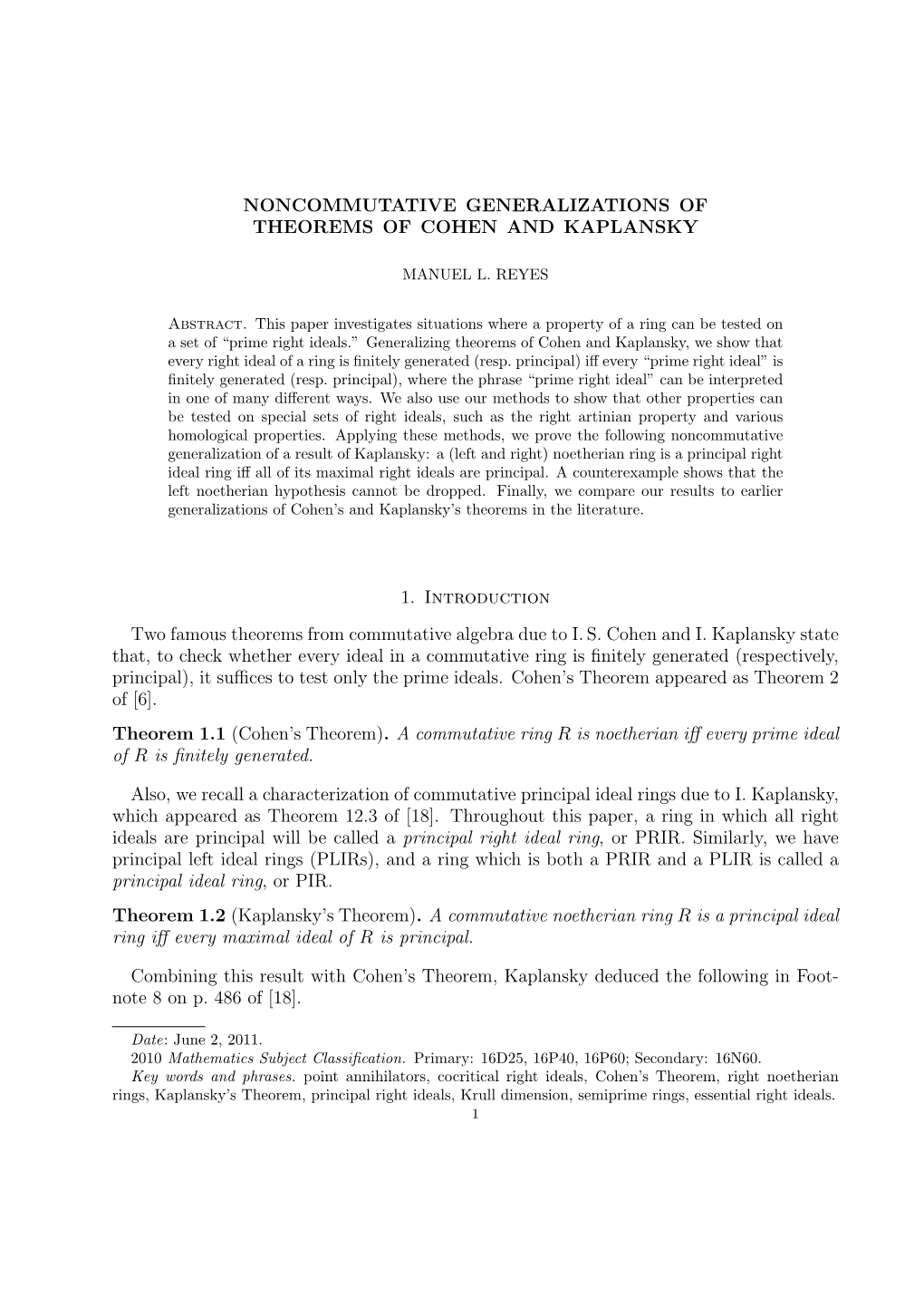 Noncommutative Generalizations of Theorems of Cohen and Kaplansky