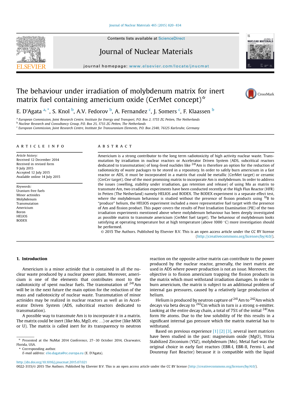 The Behaviour Under Irradiation of Molybdenum Matrix for Inert Matrix Fuel Containing Americium Oxide (Cermet Concept)*