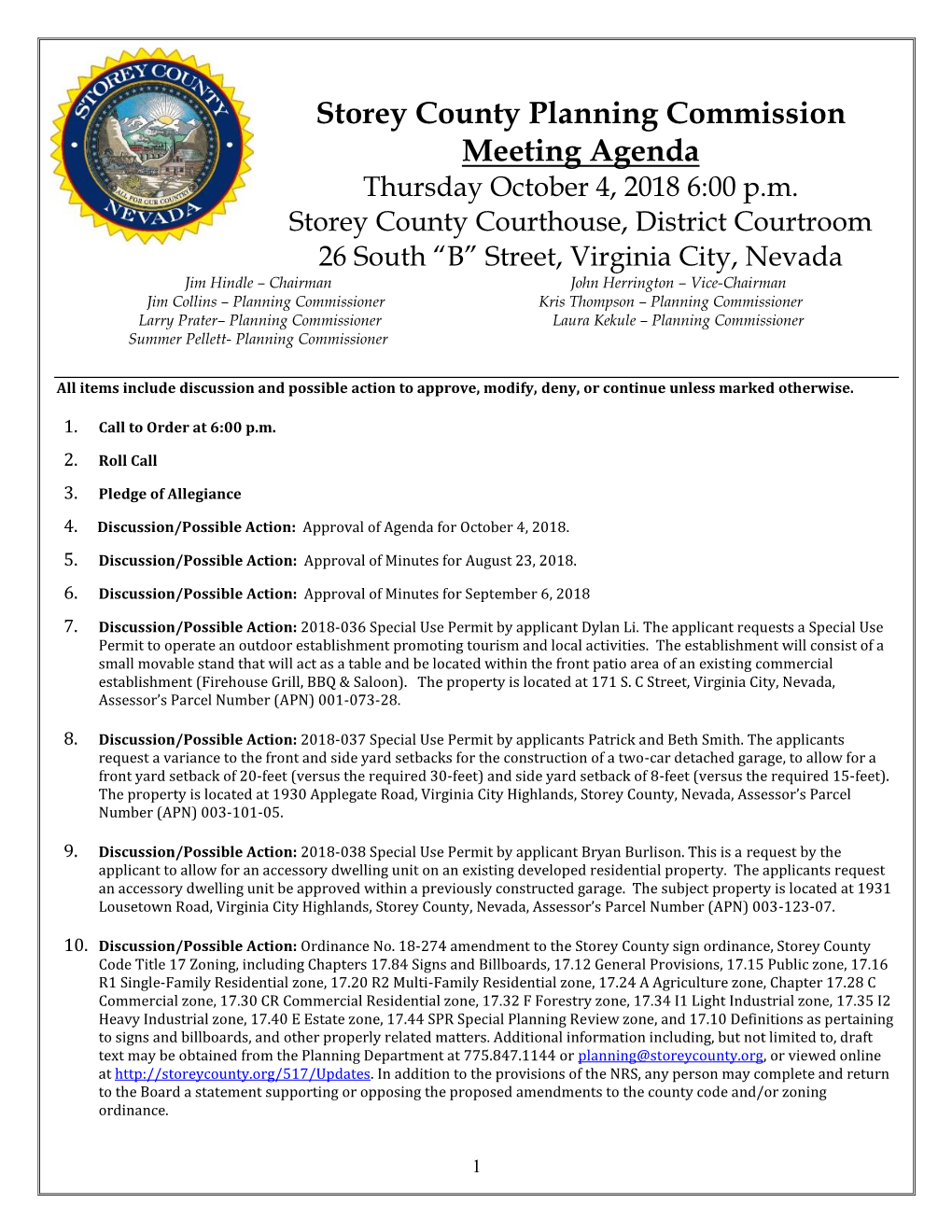 Storey County Planning Commission Meeting Agenda Thursday October 4, 2018 6:00 P.M