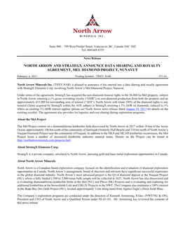 North Arrow and Strategx Announce Data Sharing and Royalty Agreement, Mel Diamond Project, Nunavut