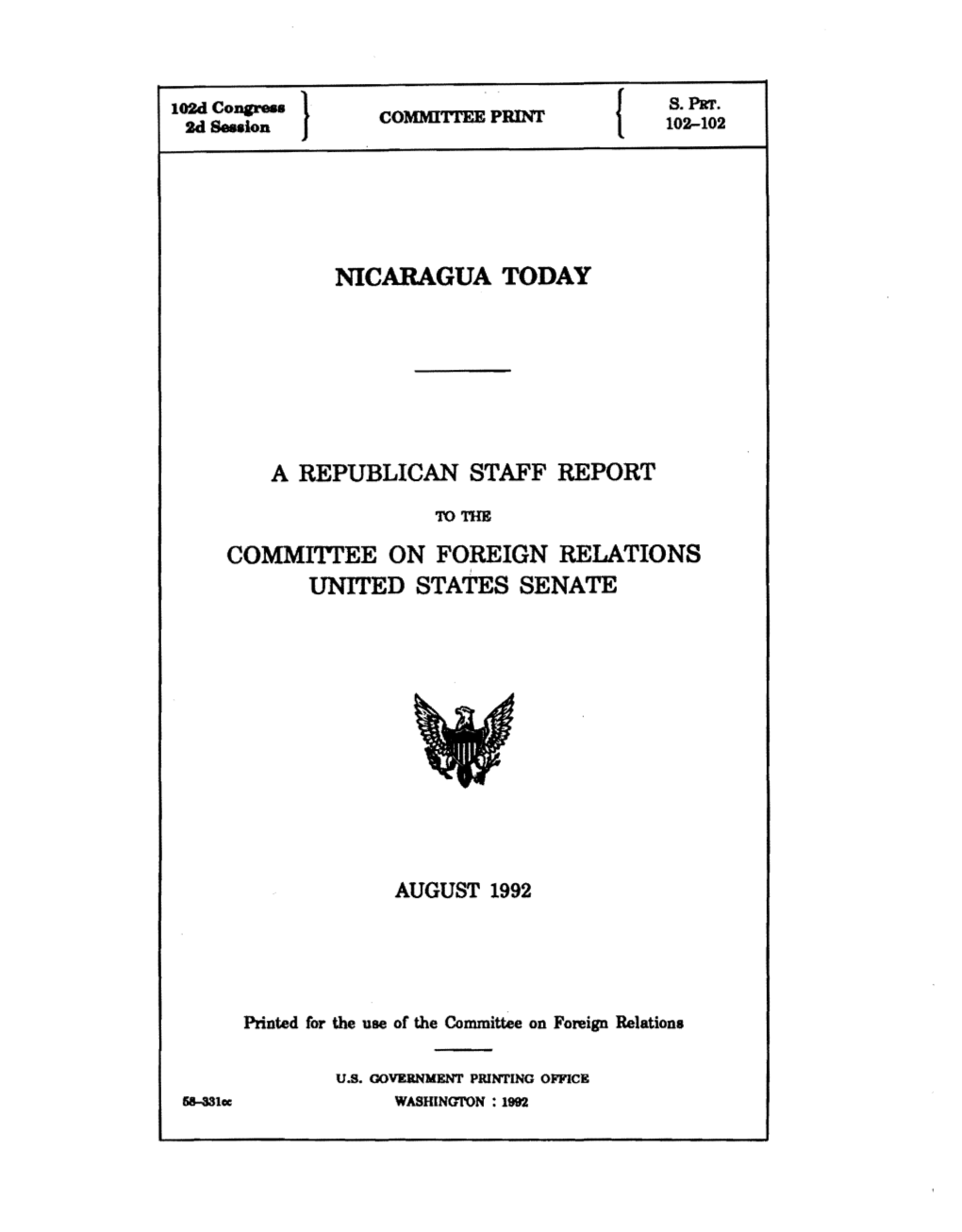 Nicaragua Today a Republican Staff Report Commi'itee On