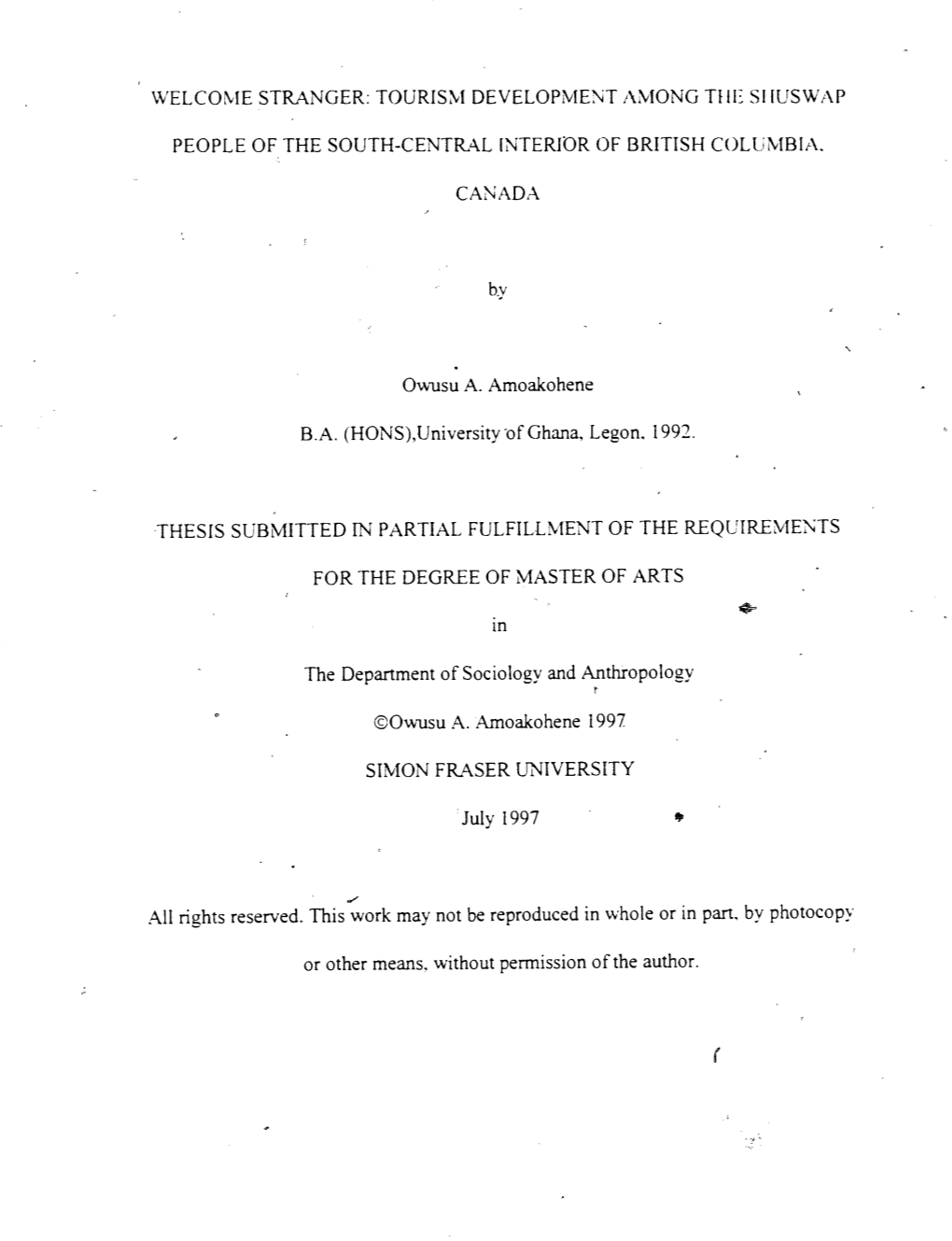 Tourism Development Among the Shuswap People of the South-Central Intenor of British Columbia, Canada