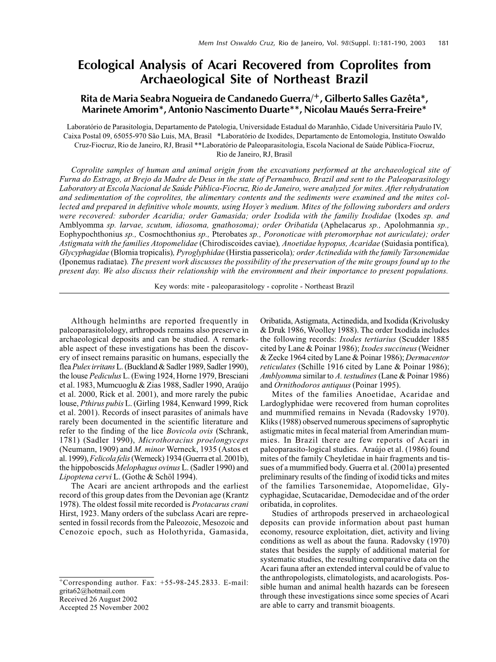 Ecological Analysis of Acari Recovered from Coprolites From