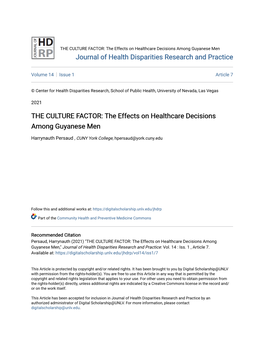 THE CULTURE FACTOR: the Effects on Healthcare Decisions Among Guyanese Men Journal of Health Disparities Research and Practice