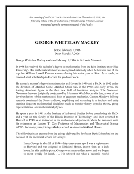 George Whitelaw Mackey Was Spread Upon the Permanent Records of the Faculty