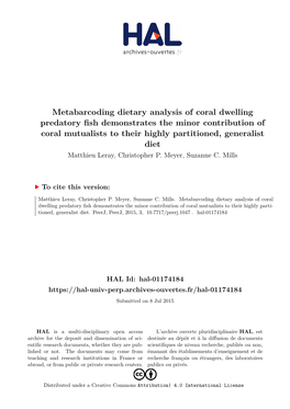 Metabarcoding Dietary Analysis of Coral Dwelling Predatory