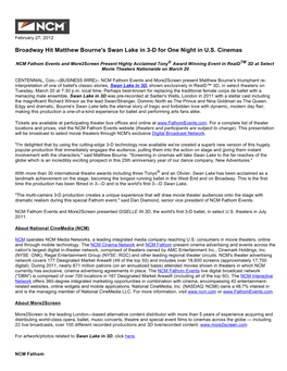 Broadway Hit Matthew Bourne's Swan Lake in 3-D for One Night in U.S. Cinemas