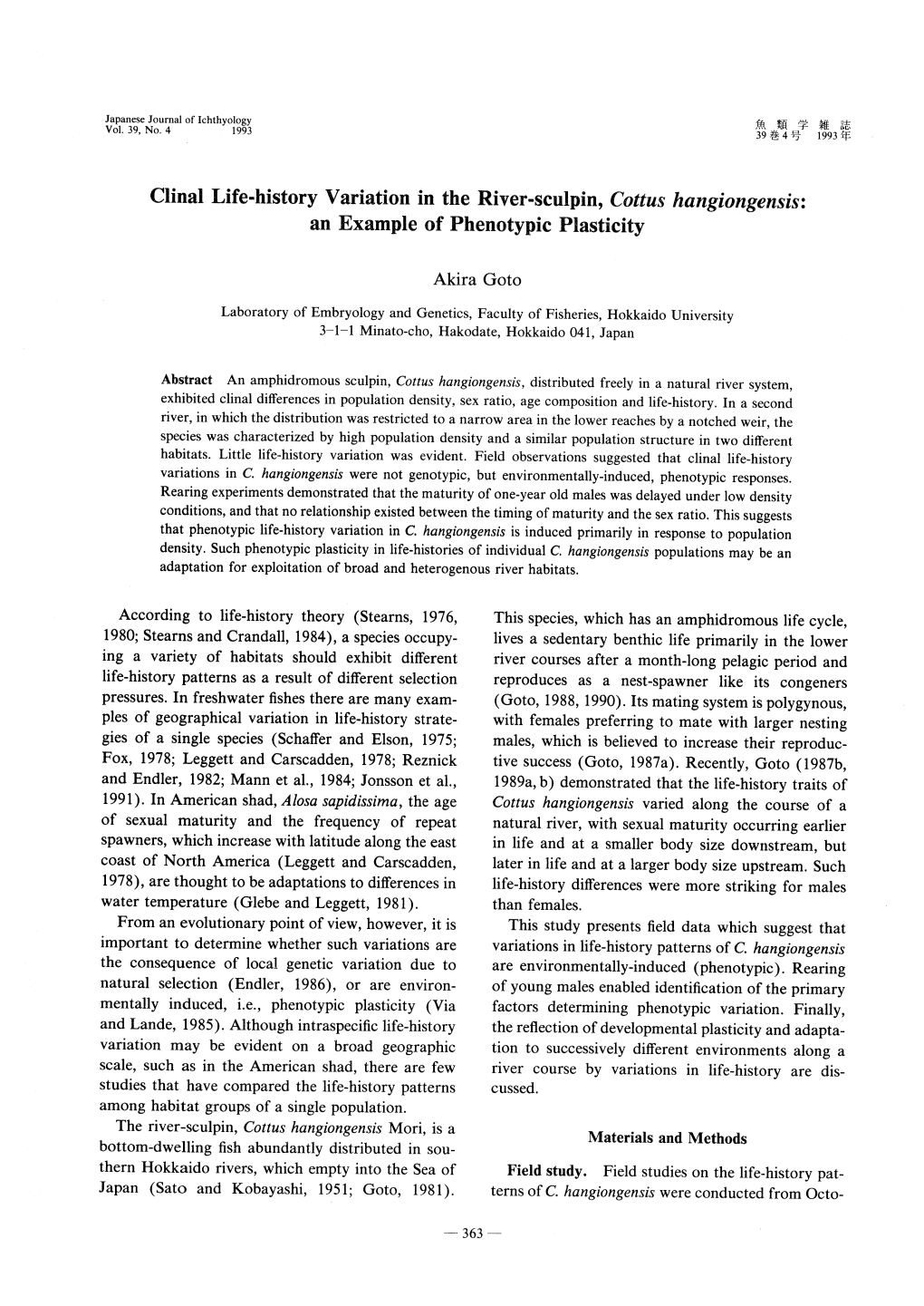 Clinal Life-History Variation in the River-Sculpin, Cottus Hangiongensis: an Example of Phenotypic Plasticity