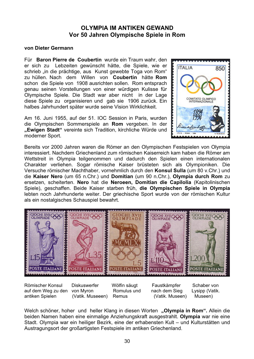 OLYMPIA IM ANTIKEN GEWAND Vor 50 Jahren Olympische Spiele in Rom Von Dieter Germann